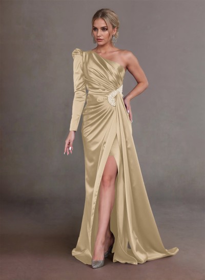 Elegant Ruched One-Shoulder Long Sleeves Satin Mother Of The Bride Dresses