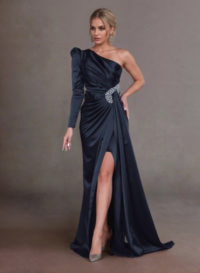 Elegant Ruched One-Shoulder Long Sleeves Satin Mother Of The Bride Dresses