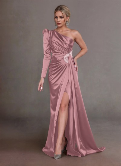 Elegant Ruched One-Shoulder Long Sleeves Satin Mother Of The Bride Dresses