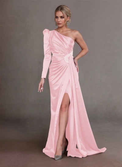 Elegant Ruched One-Shoulder Long Sleeves Satin Mother Of The Bride Dresses