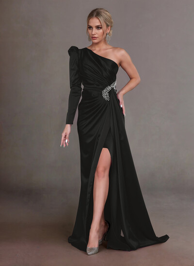 Elegant Ruched One-Shoulder Long Sleeves Crepe Satin Mother Of The Bride Dresses