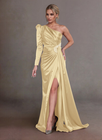 Elegant Ruched One-Shoulder Long Sleeves Crepe Satin Mother Of The Bride Dresses