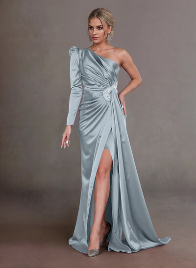 Elegant Ruched One-Shoulder Long Sleeves Crepe Satin Mother Of The Bride Dresses