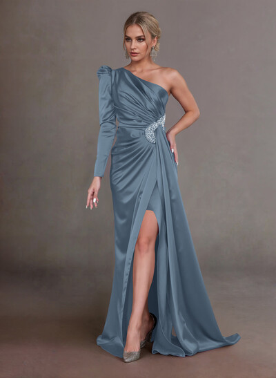 Elegant Ruched One-Shoulder Long Sleeves Crepe Satin Mother Of The Bride Dresses