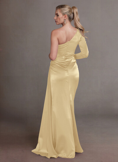 Elegant Ruched One-Shoulder Long Sleeves Crepe Satin Mother Of The Bride Dresses