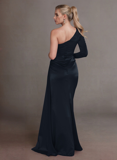 Elegant Ruched One-Shoulder Long Sleeves Crepe Satin Mother Of The Bride Dresses