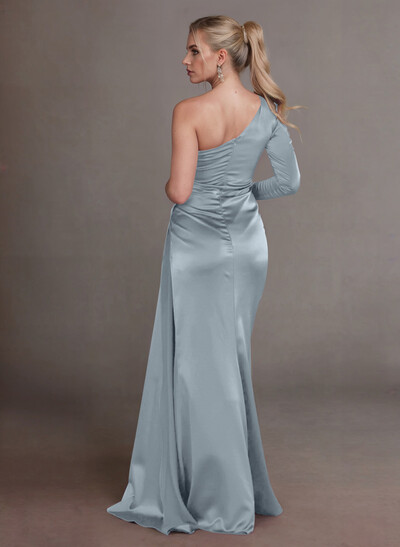 Elegant Ruched One-Shoulder Long Sleeves Crepe Satin Mother Of The Bride Dresses