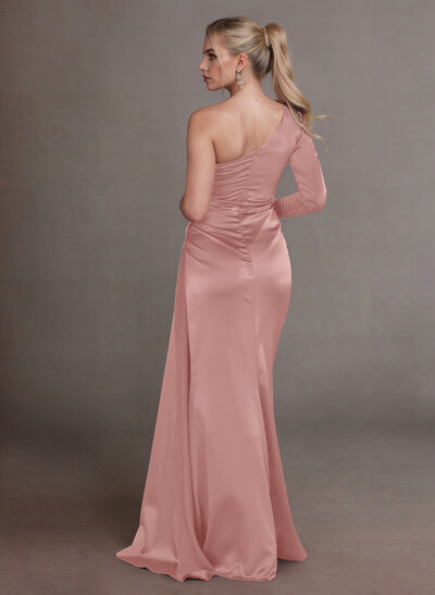 Elegant Ruched One-Shoulder Long Sleeves Crepe Satin Mother Of The Bride Dresses