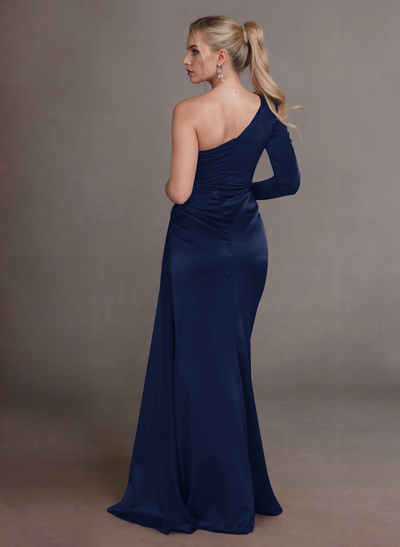 Elegant Ruched One-Shoulder Long Sleeves Crepe Satin Mother Of The Bride Dresses