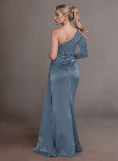Elegant Ruched One-Shoulder Long Sleeves Crepe Satin Mother Of The Bride Dresses