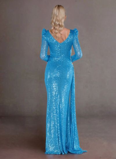 Sparkly V-Neck Long Sleeves Sequined Mother Of The Bride Dresses With High Split