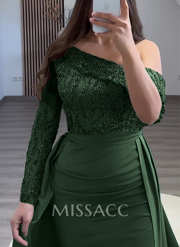 Sheath/Column Asymmetrical Silk Like Satin Prom Dresses With Beading