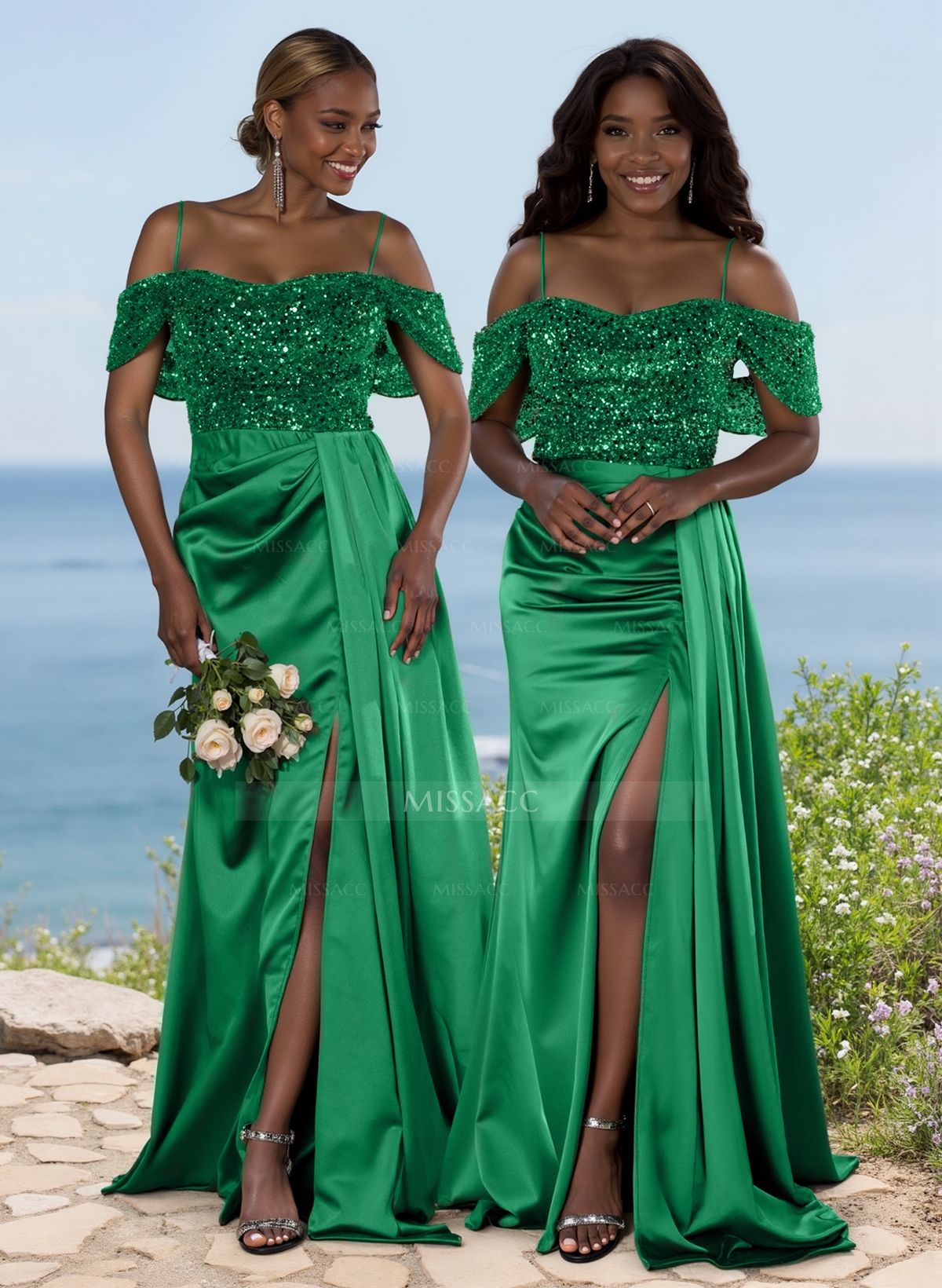 Sparkly Cold Shoulder Bridesmaid Dresses With High Split/Sweeping Side Drape