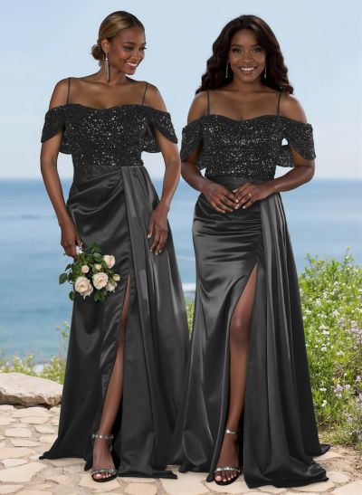 Sparkly Cold Shoulder Bridesmaid Dresses With High Split/Sweeping Side Drape