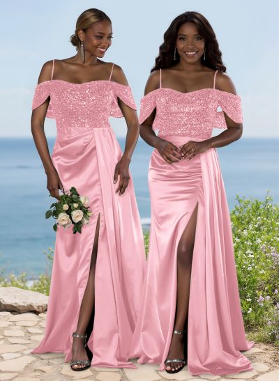 Sparkly Cold Shoulder Bridesmaid Dresses With High Split/Sweeping Side Drape