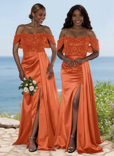 Sparkly Cold Shoulder Bridesmaid Dresses With High Split/Sweeping Side Drape