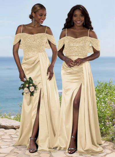 Sparkly Cold Shoulder Bridesmaid Dresses With High Split/Sweeping Side Drape