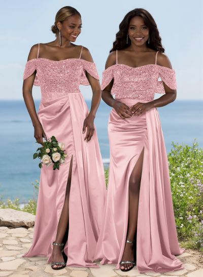 Sparkly Cold Shoulder Bridesmaid Dresses With High Split/Sweeping Side Drape