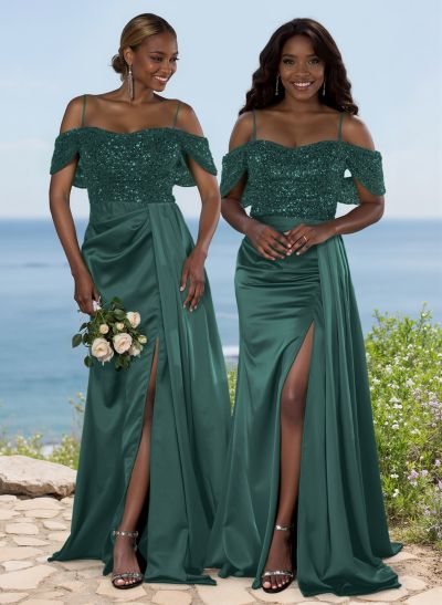 Sparkly Cold Shoulder Bridesmaid Dresses With High Split/Sweeping Side Drape