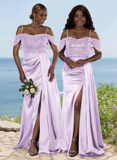 Sparkly Cold Shoulder Bridesmaid Dresses With High Split/Sweeping Side Drape