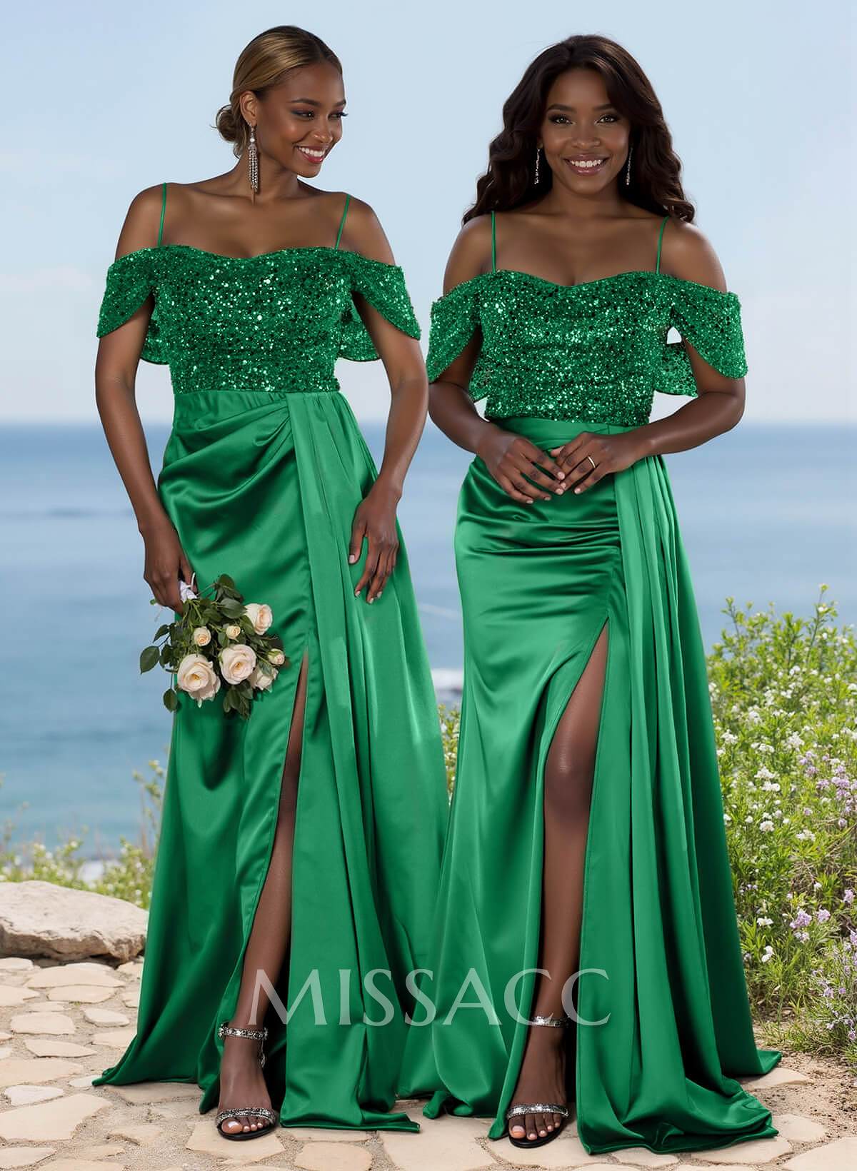 Sparkly Cold Shoulder Bridesmaid Dresses With High Split/Sweeping Side Drape