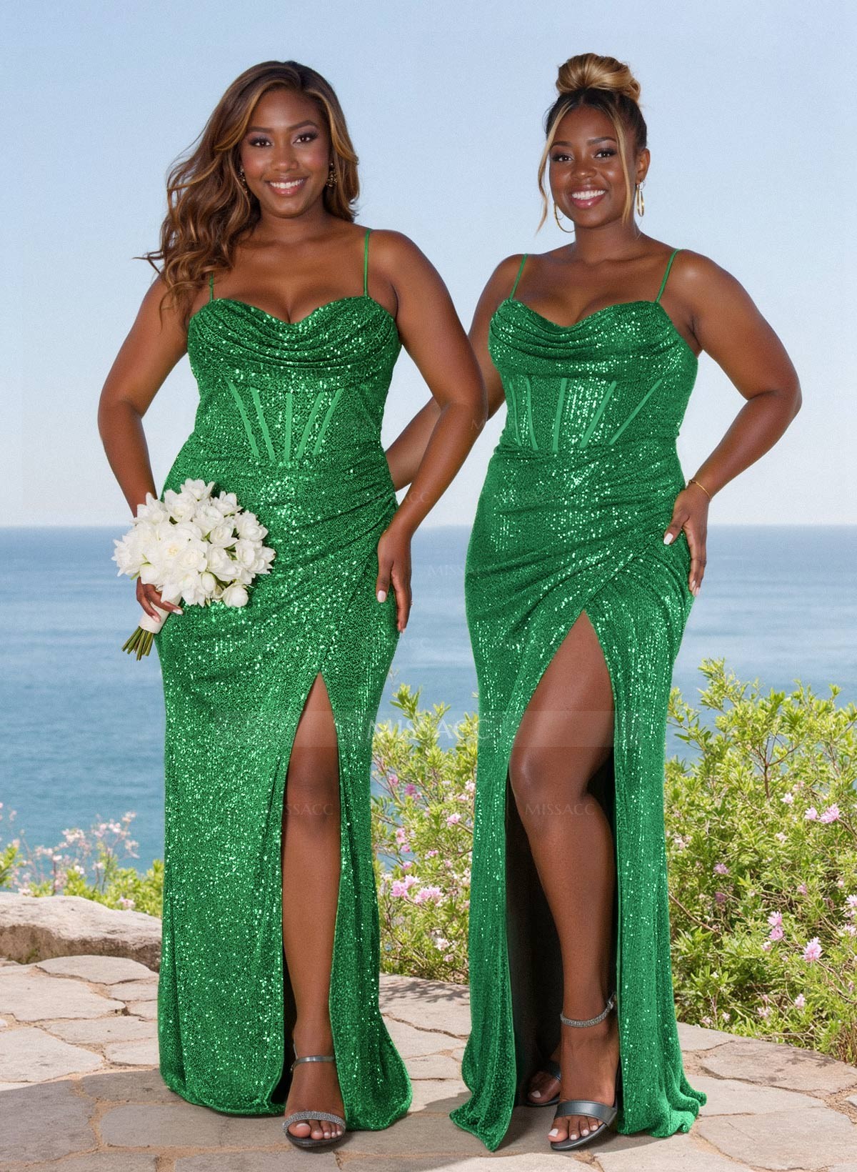 Sparkly Cowl Neck Corset Sequined Bridesmaid Dresses With Split Front