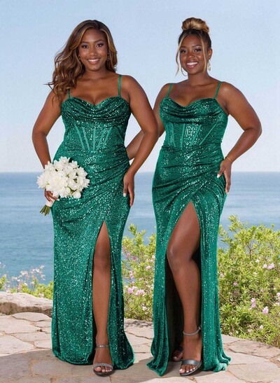 Sparkly Cowl Neck Corset Sequined Bridesmaid Dresses With Split Front