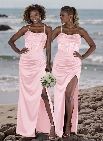 Cowl Neck Sparkle Corset Sleeveless Spaghetti Straps Bridesmaid Dresses With Cross Strappy Back