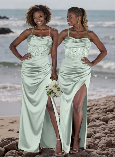 Cowl Neck Sparkle Corset Sleeveless Spaghetti Straps Bridesmaid Dresses With Cross Strappy Back