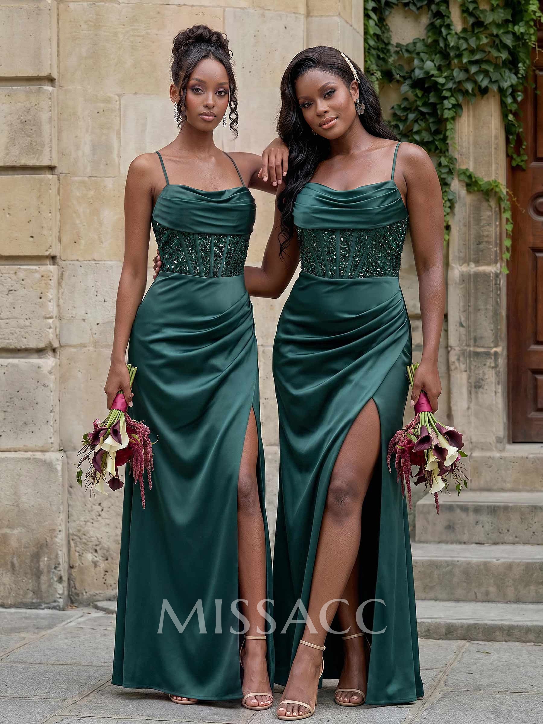 Cowl Neck Sparkle Corset Sleeveless Spaghetti Straps Bridesmaid Dresses With Cross Strappy Back