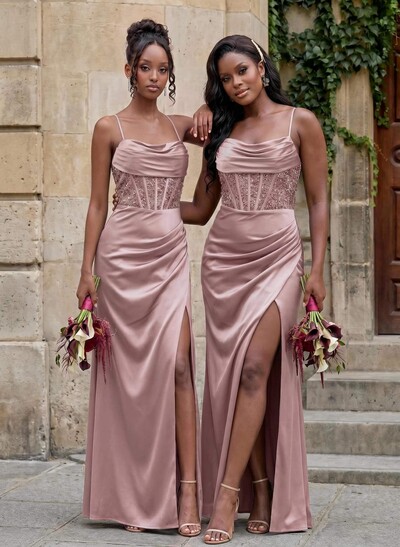 Cowl Neck Sparkle Corset Sleeveless Spaghetti Straps Bridesmaid Dresses With Cross Strappy Back