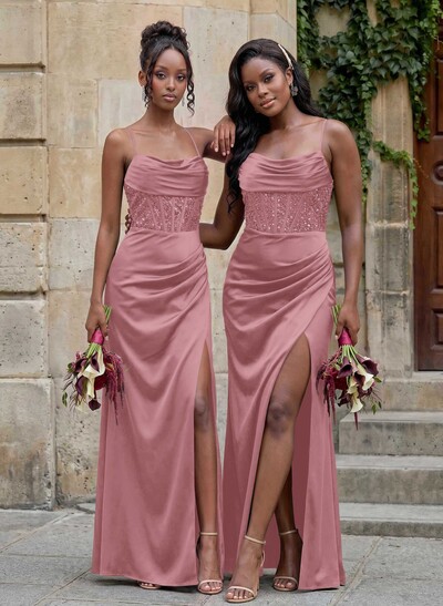 Cowl Neck Sparkle Corset Sleeveless Spaghetti Straps Bridesmaid Dresses With Cross Strappy Back
