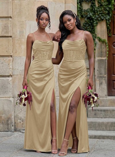 Cowl Neck Sparkle Corset Sleeveless Spaghetti Straps Bridesmaid Dresses With Cross Strappy Back