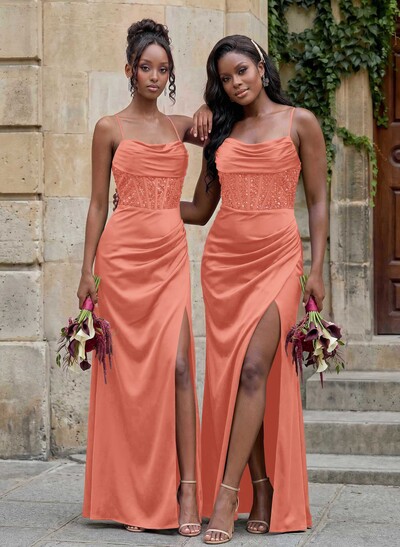Cowl Neck Sparkle Corset Sleeveless Spaghetti Straps Bridesmaid Dresses With Cross Strappy Back
