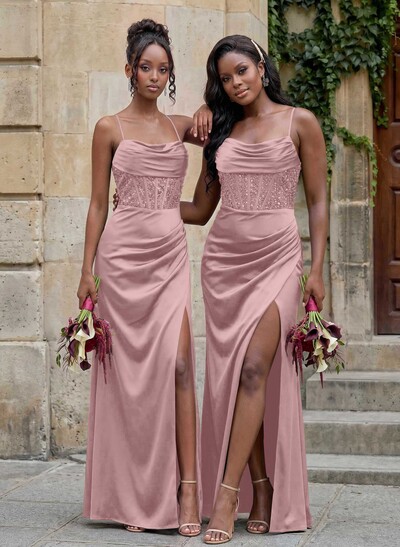 Cowl Neck Sparkle Corset Sleeveless Spaghetti Straps Bridesmaid Dresses With Cross Strappy Back