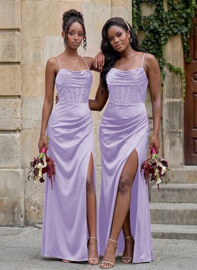 Cowl Neck Sparkle Corset Sleeveless Spaghetti Straps Bridesmaid Dresses With Cross Strappy Back