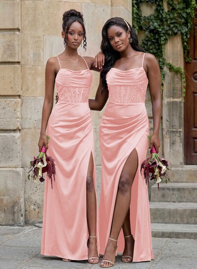 Cowl Neck Sparkle Corset Sleeveless Spaghetti Straps Bridesmaid Dresses With Cross Strappy Back
