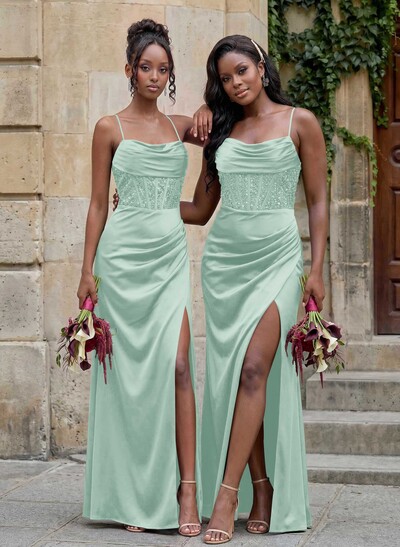Cowl Neck Sparkle Corset Sleeveless Spaghetti Straps Bridesmaid Dresses With Cross Strappy Back
