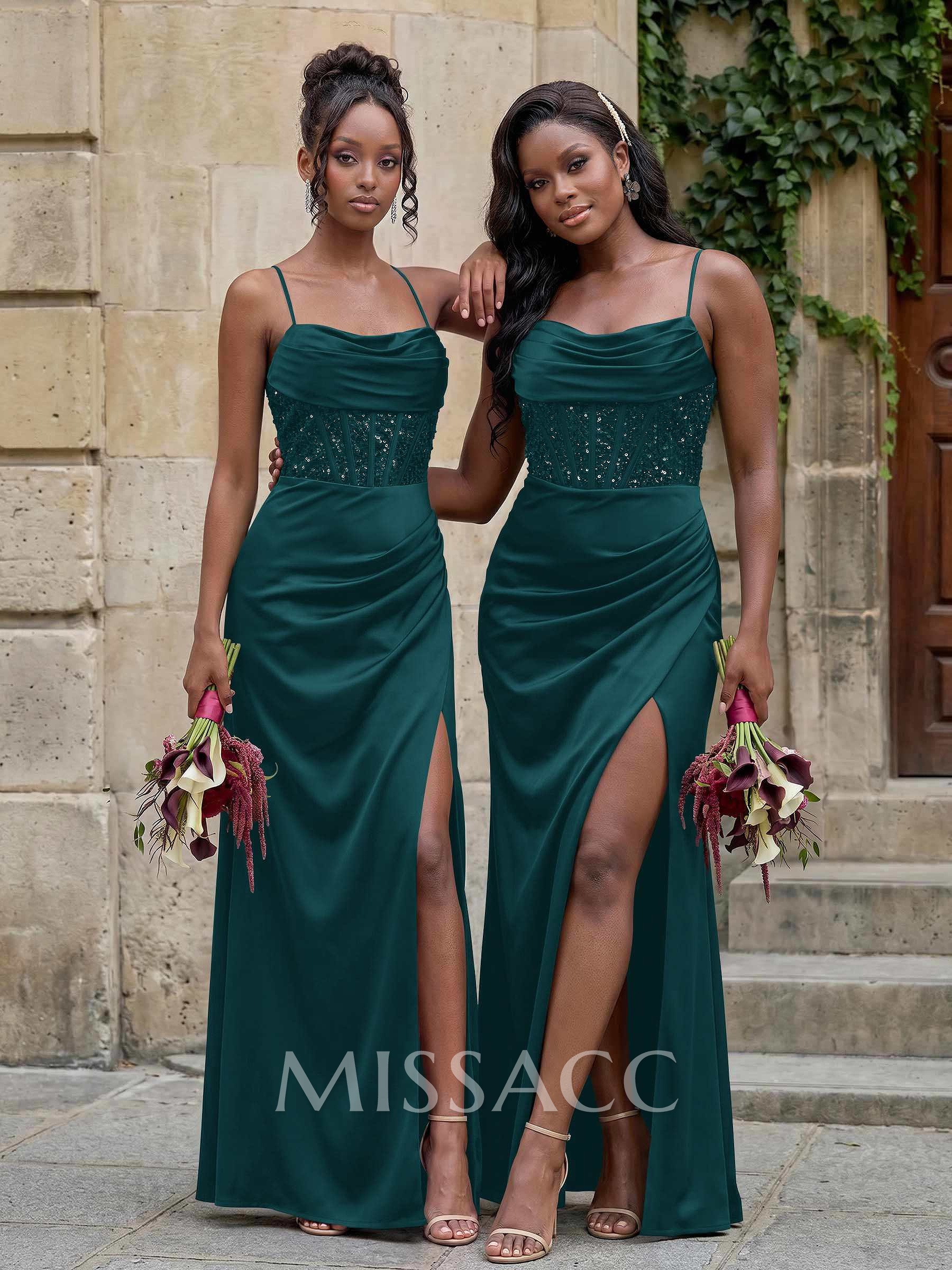 Cowl Neck Sparkle Corset Sleeveless Spaghetti Straps Bridesmaid Dresses With Cross Strappy Back
