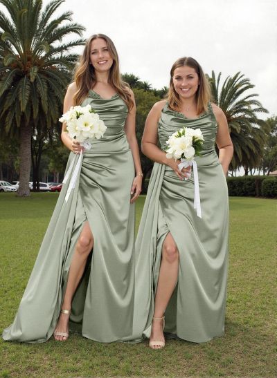 Cowl Neck Sleeveless Open Back Satin Bridesmaid Dresses With Sweeping Side Drape