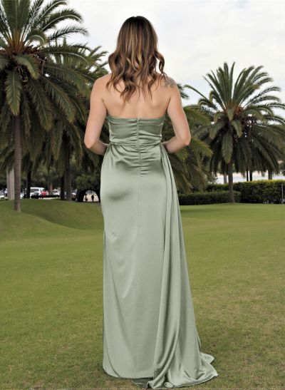 Cowl Neck Sleeveless Open Back Satin Bridesmaid Dresses With Sweeping Side Drape