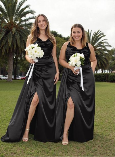 Cowl Neck Sleeveless Open Back Satin Bridesmaid Dresses With Sweeping Side Drape