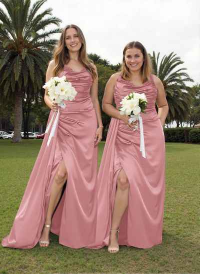 Cowl Neck Sleeveless Open Back Satin Bridesmaid Dresses With Sweeping Side Drape