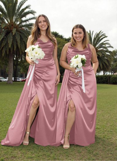 Cowl Neck Sleeveless Open Back Satin Bridesmaid Dresses With Sweeping Side Drape