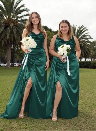 Cowl Neck Sleeveless Open Back Satin Bridesmaid Dresses With Sweeping Side Drape