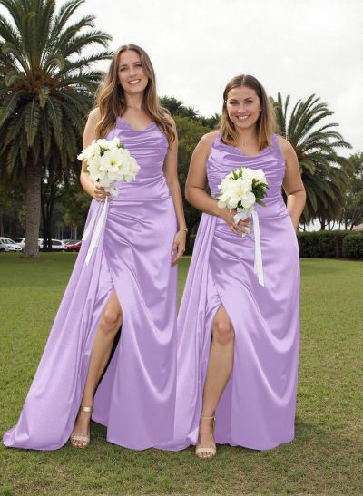 Cowl Neck Sleeveless Open Back Satin Bridesmaid Dresses With Sweeping Side Drape