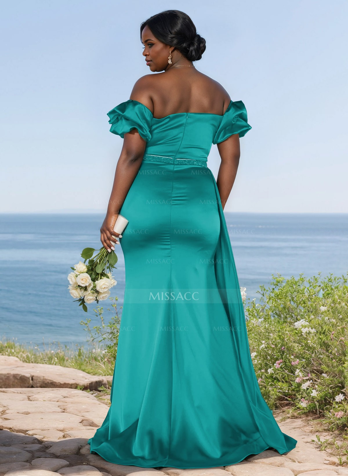 Puffy Off-Shoulder Satin Bridesmiad Dresses With Sweeping Side Drape