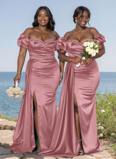 Puffy Off-Shoulder Satin Bridesmiad Dresses With Sweeping Side Drape