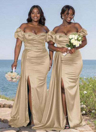 Puffy Off-Shoulder Satin Bridesmiad Dresses With Sweeping Side Drape