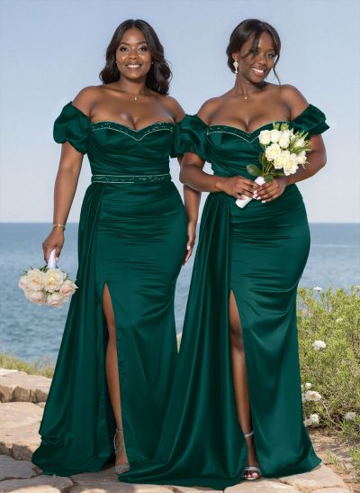 Puffy Off-Shoulder Stretch Satin Bridesmiad Dresses With Sweeping Side Drape